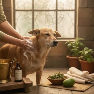 Calm dog being groomed — best natural dog shampoos india