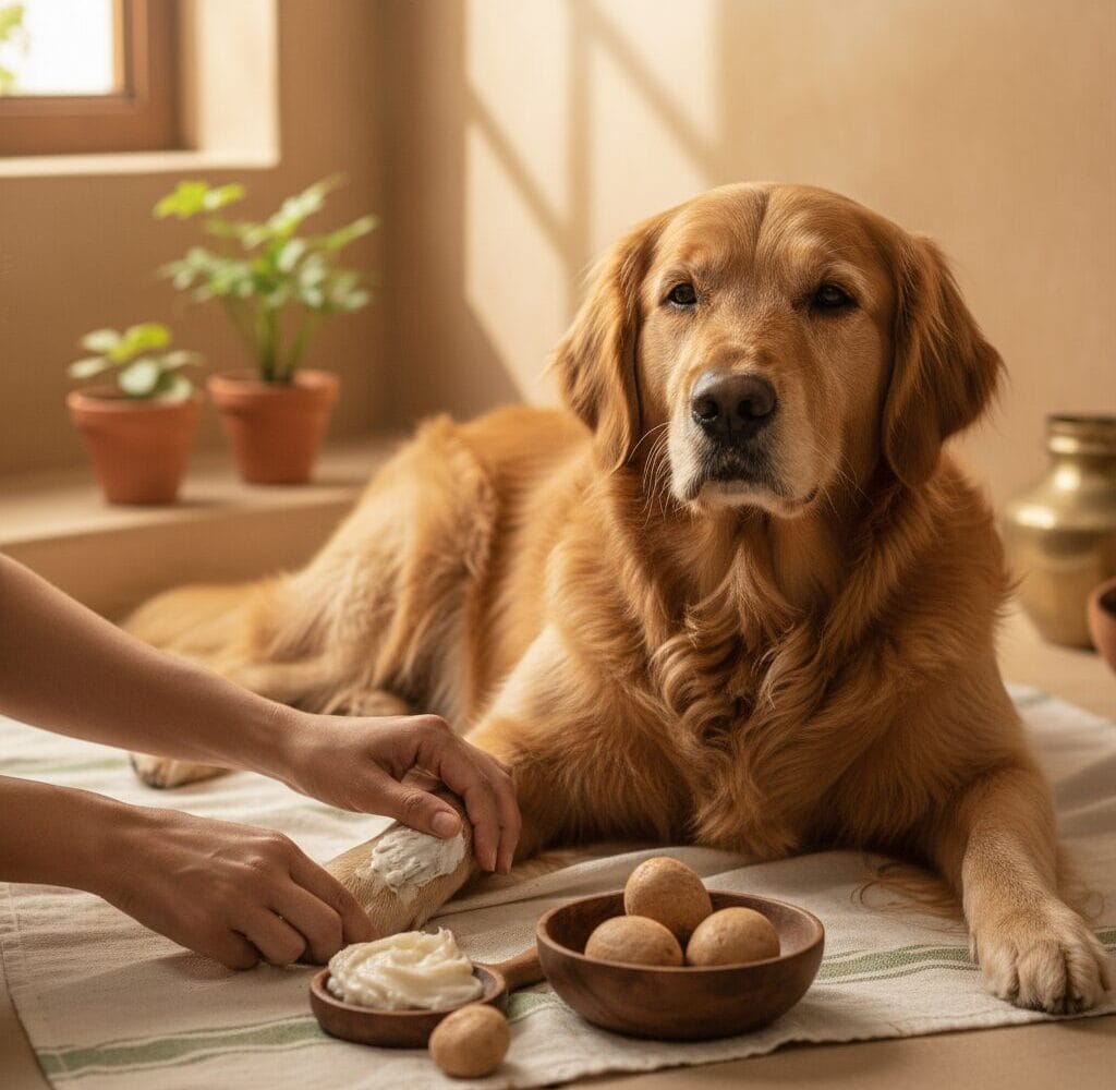 Calm dog being groomed — best paw balm for dogs india