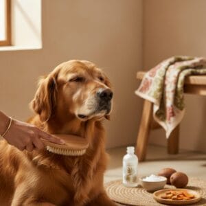Calm dog being groomed — coconut oil MCT benefits for dog skin coat India