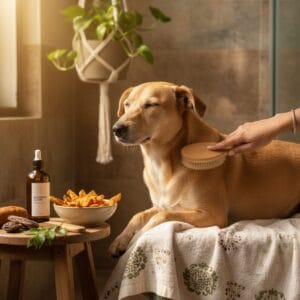 Calm dog being groomed — dog skin coat India
