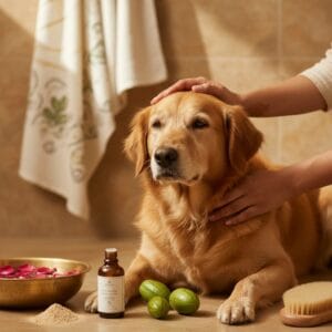 Calm dog being groomed — natural skin soothers dogs holi india
