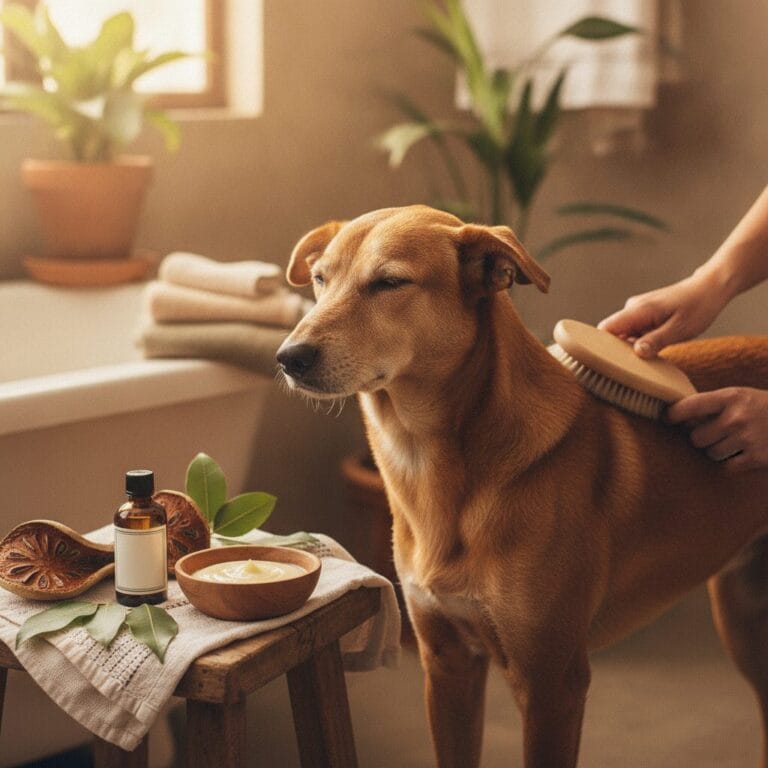 Calm dog being groomed — dog skin issues Bangalore humidity