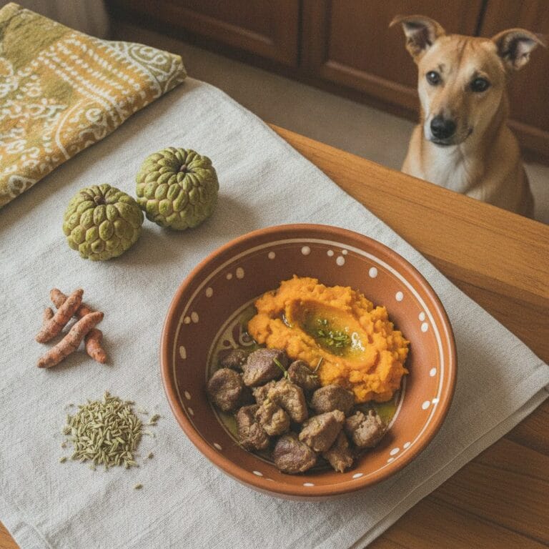 Home-cooked dog meal — dogs eat sitaphal fruit India