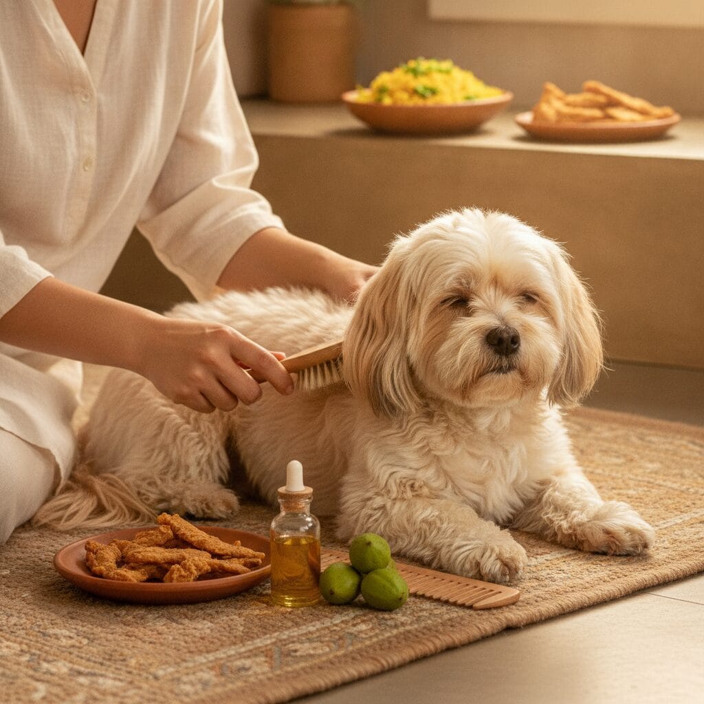 Calm dog being groomed — Apso diet coat care India
