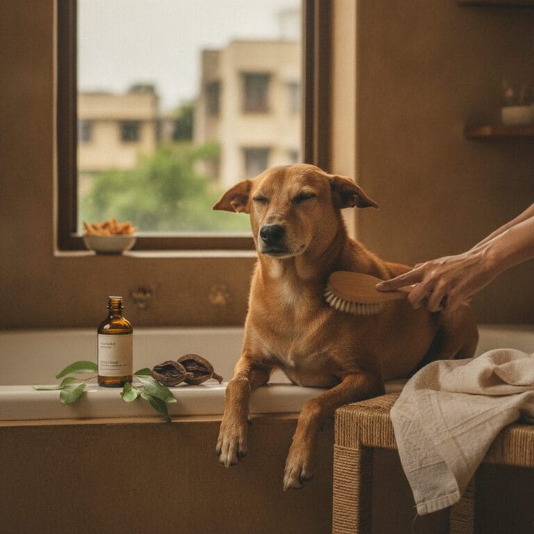 Calm dog being groomed — dog skin ear care prevention