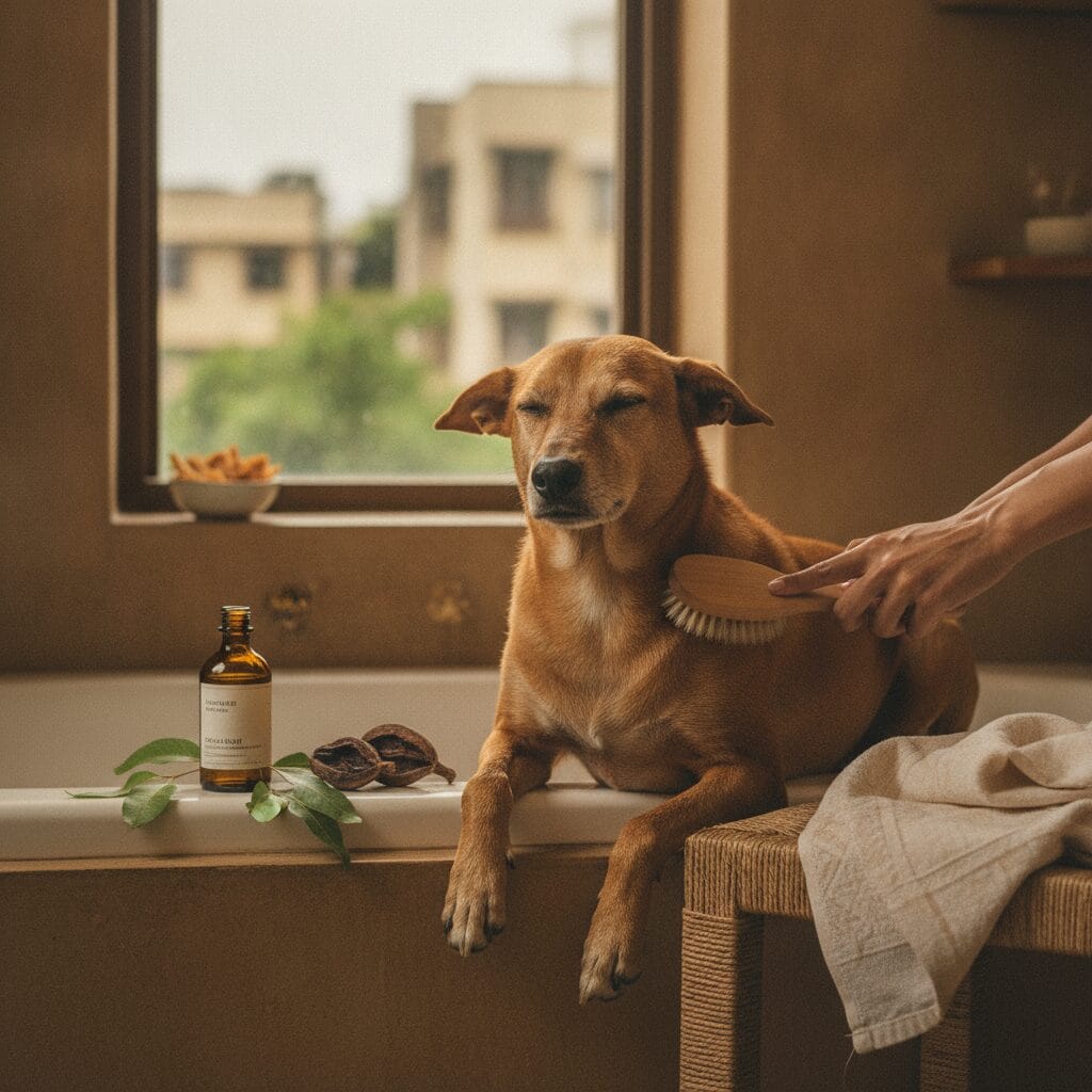 Calm dog being groomed — dog skin ear care prevention