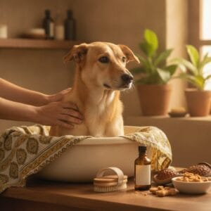 Calm dog being groomed — monsoon dog skin issues India