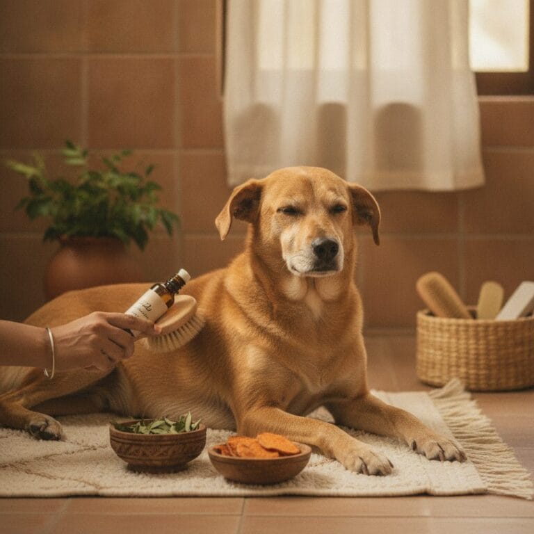 Calm dog being groomed — natural remedies dog dandruff India