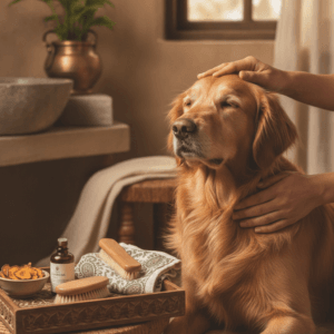 Calm dog being groomed — oils dog hair loss india